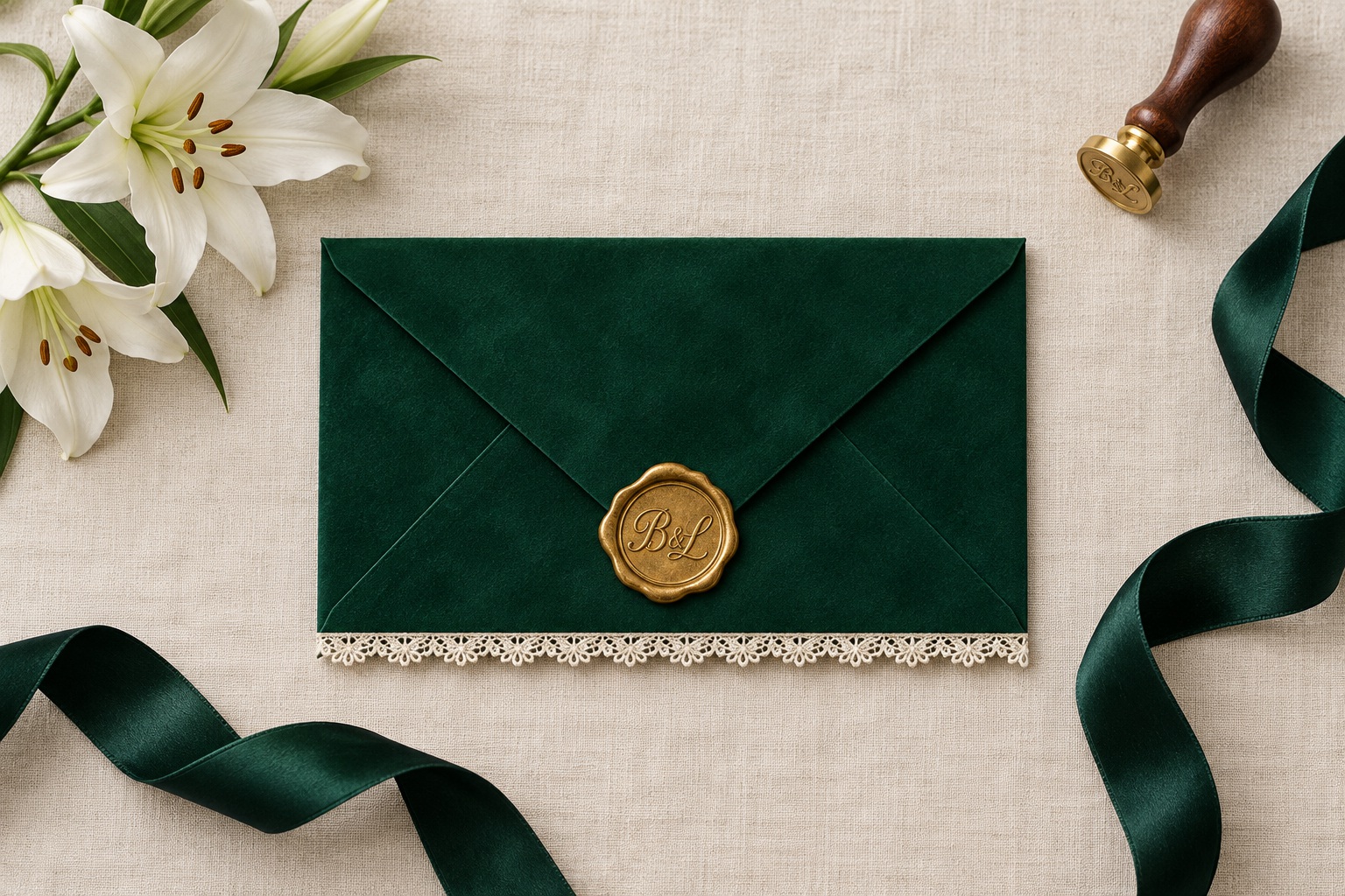 Emerald envelope on ivory linen, with fine lace, silk ribbon, lilies and a gold B and L wax seal
