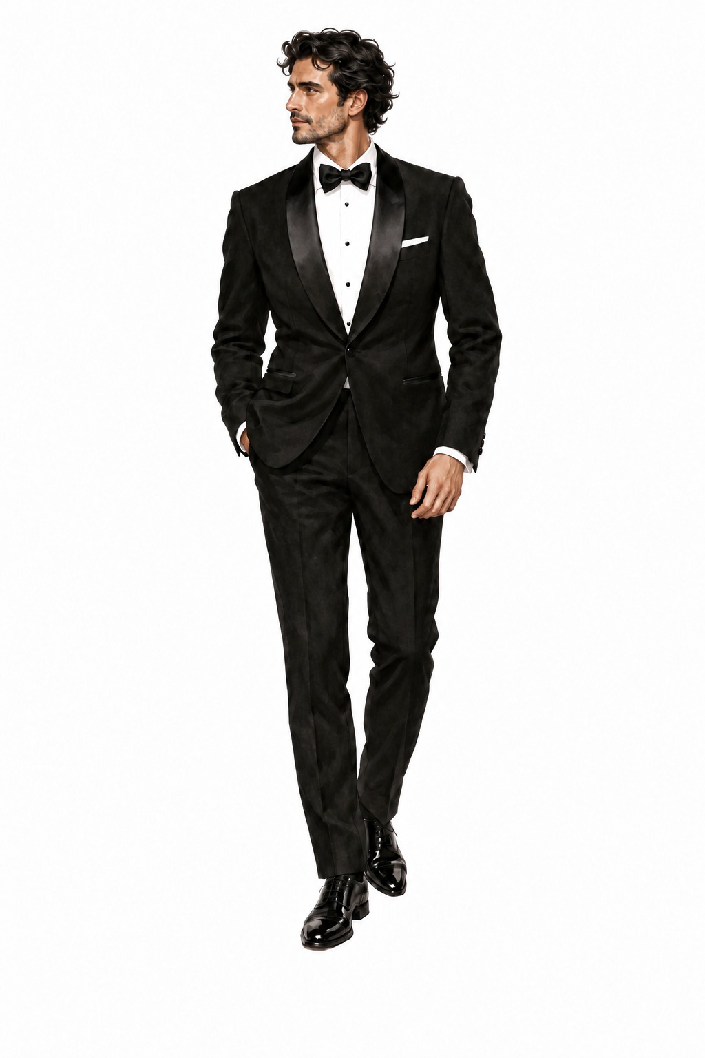 Gentleman looking left in a black tuxedo and bow tie