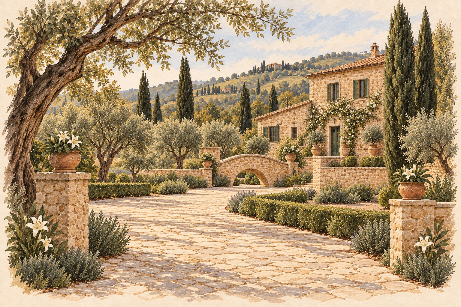 Country-house garden path and wooded Sicilian hills